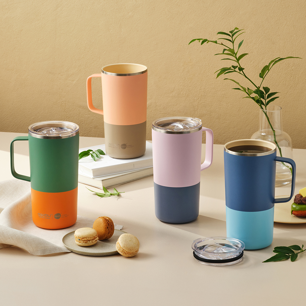 아소부 세라믹 스텐 진공 보온보냉 타워 머그 파스텔 600ml