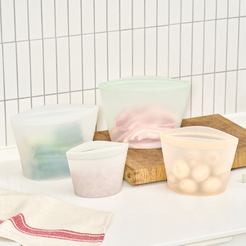 [바겐슈타이거] 실리콘지퍼백 3종 (500ml+1,000ml+1500ml) 세트(색상 : 블리스화이트(하얀색), 라임미스트(연그린), 멜로우피치(살구), 미스틱그레이(회색))